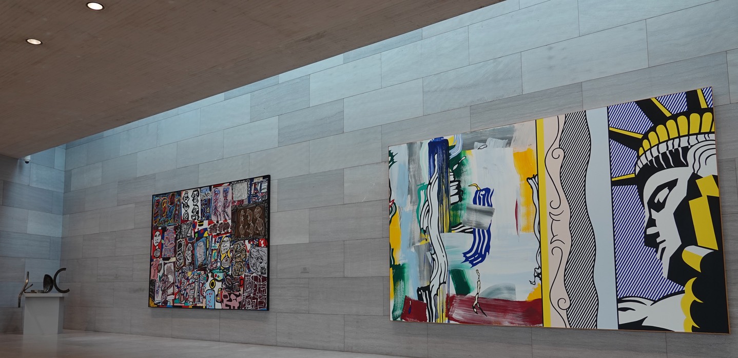 National Gallery of Art - East Building - Left- Anthony Caro, Table Piece LXX, 1968 MIddle- Jean Dubuffet, La ronde des images, 1977. Right- Roy Lichtenstein, Painting with Statue of Liberty, 1983